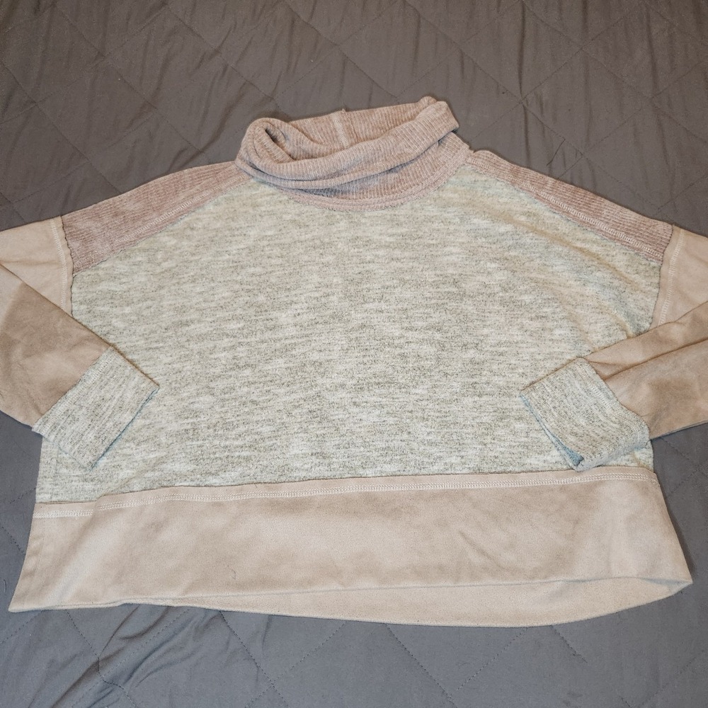 THML Anthropologie M Mixed Media Cowl Neck Sweater Oatmeal Colorblock Autumnal
